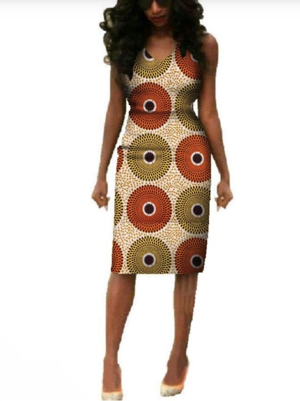 Bazinrichie Sleeveless African Print Sheath Dress in Orange & Olive